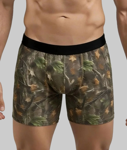 Model wearing WoodLand camo boxer brief, close front view of fit