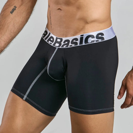 Men's mid-leg microfiber boxer brief in black, three-quarter side view showing seam detail