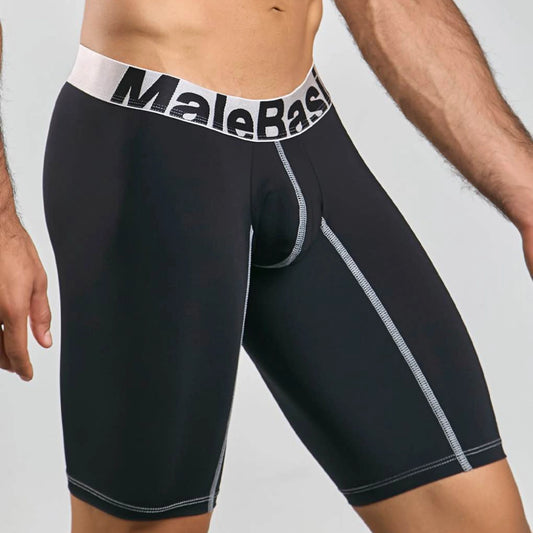Men's active microfiber athletic boxer in black, three-quarter side view showing seam detail