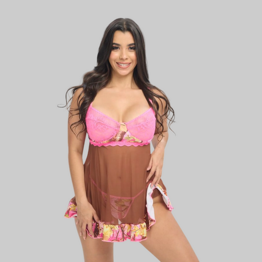 Women's Pink Camo Babydoll Lingerie Set - PinkWoods 2-Piece with Thong - Wilderness Dreams
