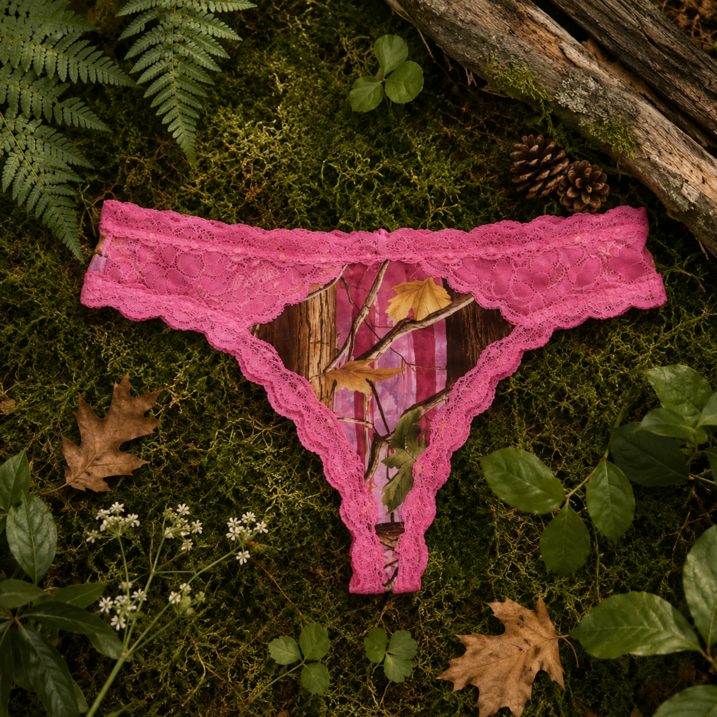 PinkWoods pink camo lace thong styled on moss and fallen autumn leaves