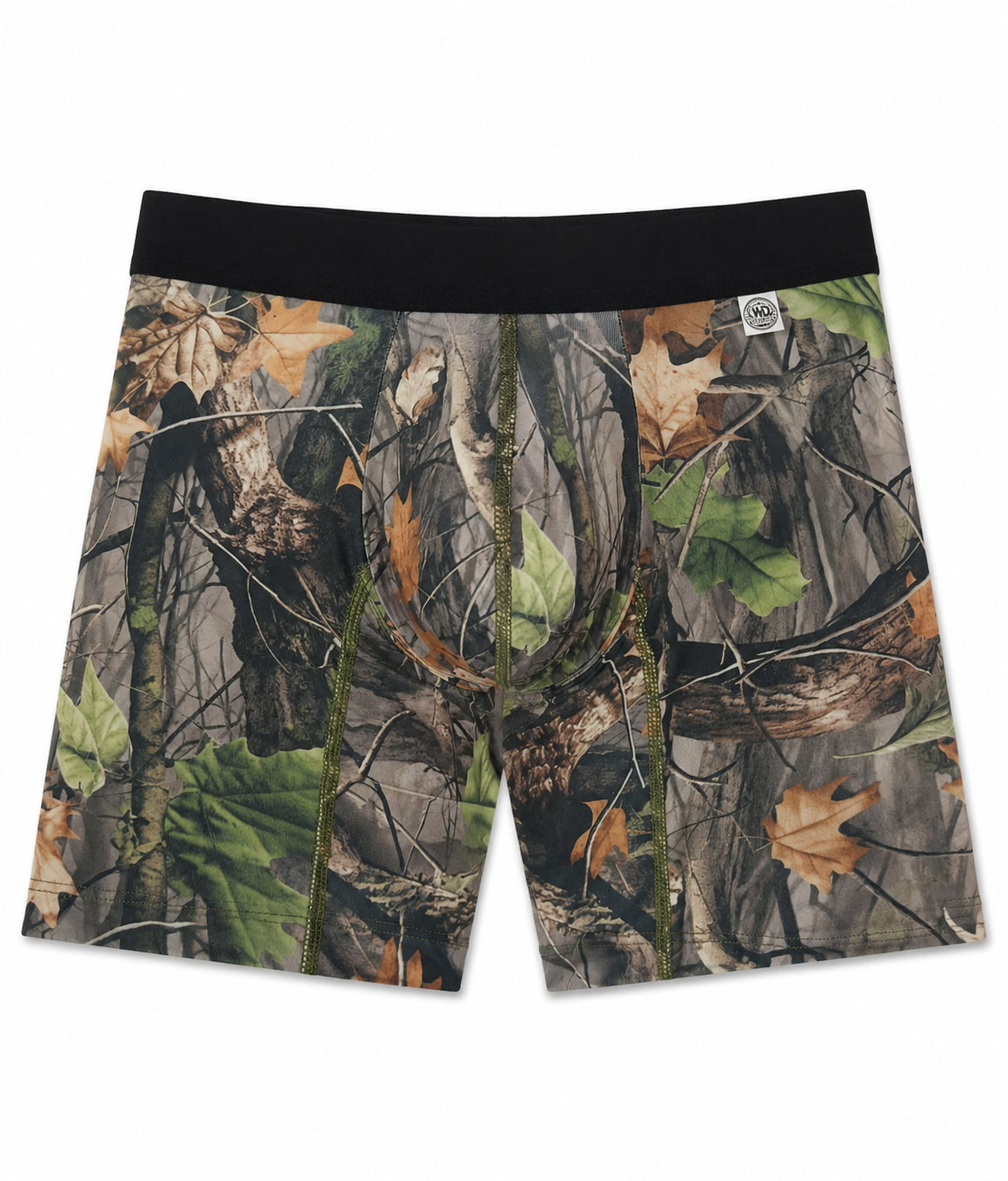 WoodLand camo hunting boxer brief with black waistband, front product view