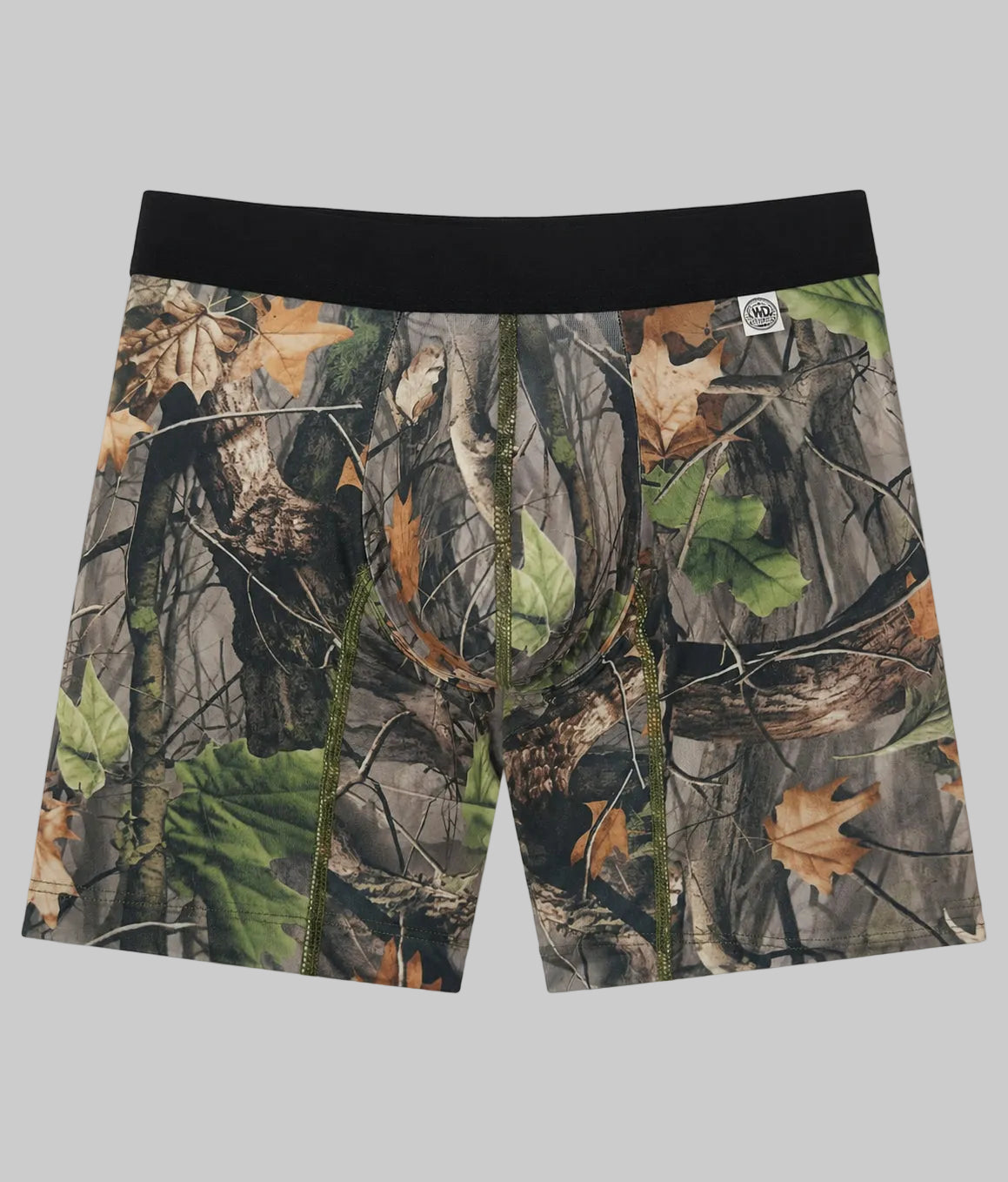 WoodLand camo hunting boxer brief with black waistband, front product view
