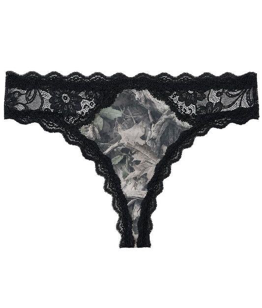 Faded camo lace thong with floral black lace waistband, front product view