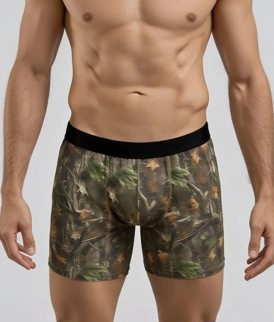 WoodLand camo hunting boxer brief shown on model from the front