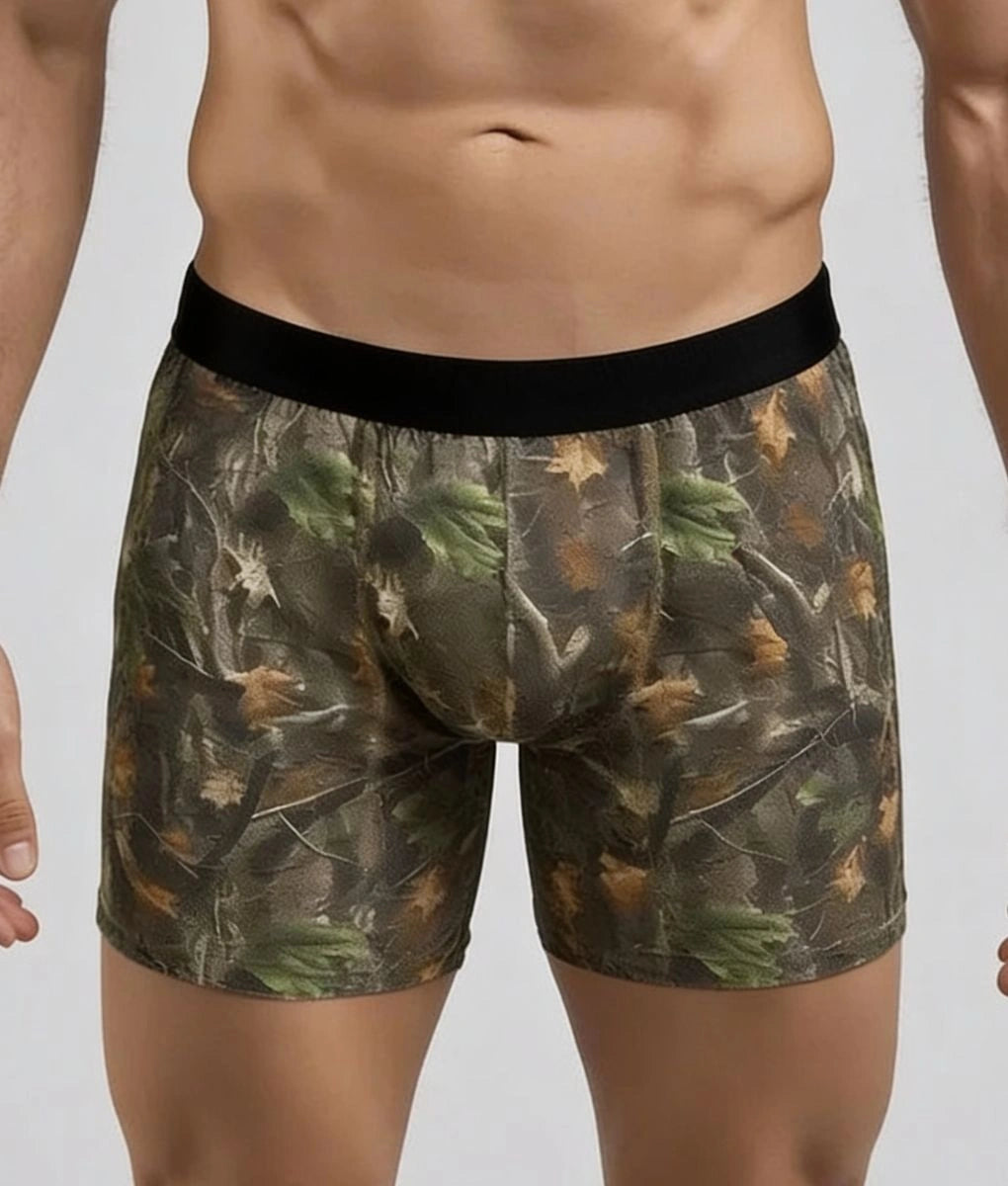 Model wearing WoodLand camo boxer brief, close front view of fit