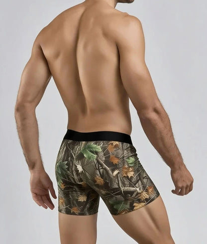Back view of WoodLand camo boxer brief worn by model