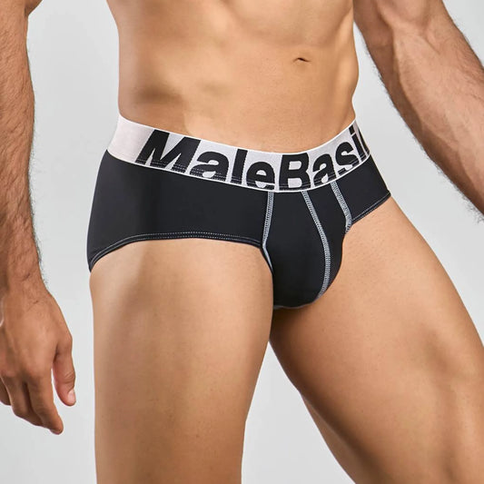 Men's stretch microfiber brief in black, three-quarter side view showing seam detail