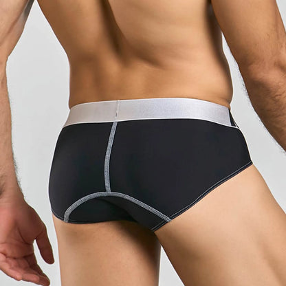 Men's stretch microfiber brief in black, back view on model