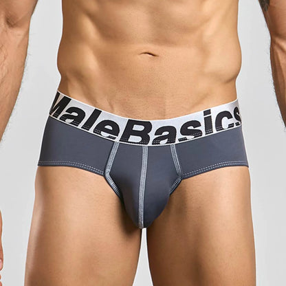 Men's stretch microfiber brief in grey, front view on model