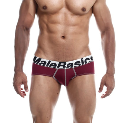 Men's stretch microfiber brief in burgundy shown full-length on model, front view