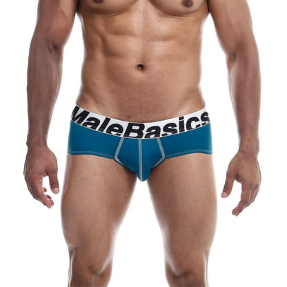 Men's stretch microfiber brief in teal shown full-length on model, front view