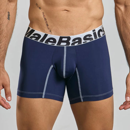 Men's mid-leg microfiber boxer brief in navy, front view on model