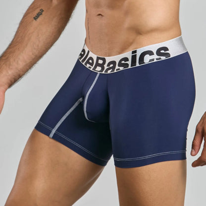 Men's mid-leg microfiber boxer brief in navy, three-quarter side view showing seam detail