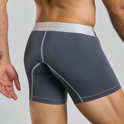 Men's mid-leg microfiber boxer brief in grey, back view on model