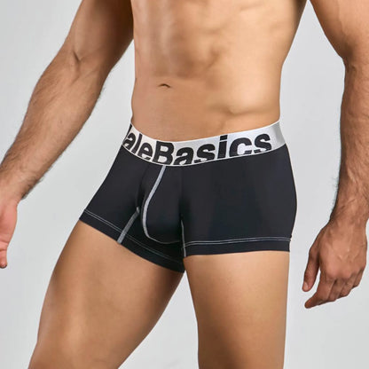 Men's performance microfiber boxer trunk in black, three-quarter side view showing seam detail