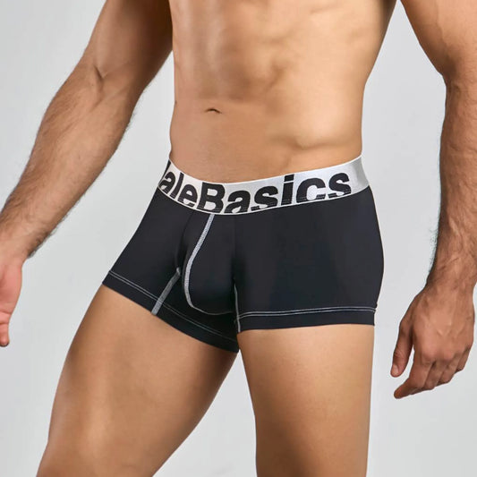 Men's performance microfiber boxer trunk in black, three-quarter side view showing seam detail