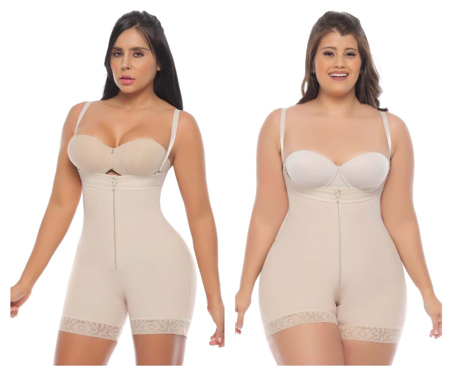 Two models wearing the beige 365me G003 Emma shapewear control bodysuit side by side, each featuring a front zipper, adjustable straps, and lace-trimmed legs.