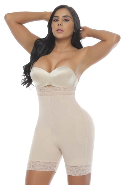 Front angle of a model in nude G010 April shapewear control panties, arms raised, showing lace trim at the waist and mid-thigh coverage.