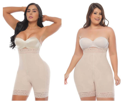 Two models wearing the nude 365me G010 April shapewear control panties side by side, each featuring a high-waist design with lace-trimmed legs and full abdominal coverage.