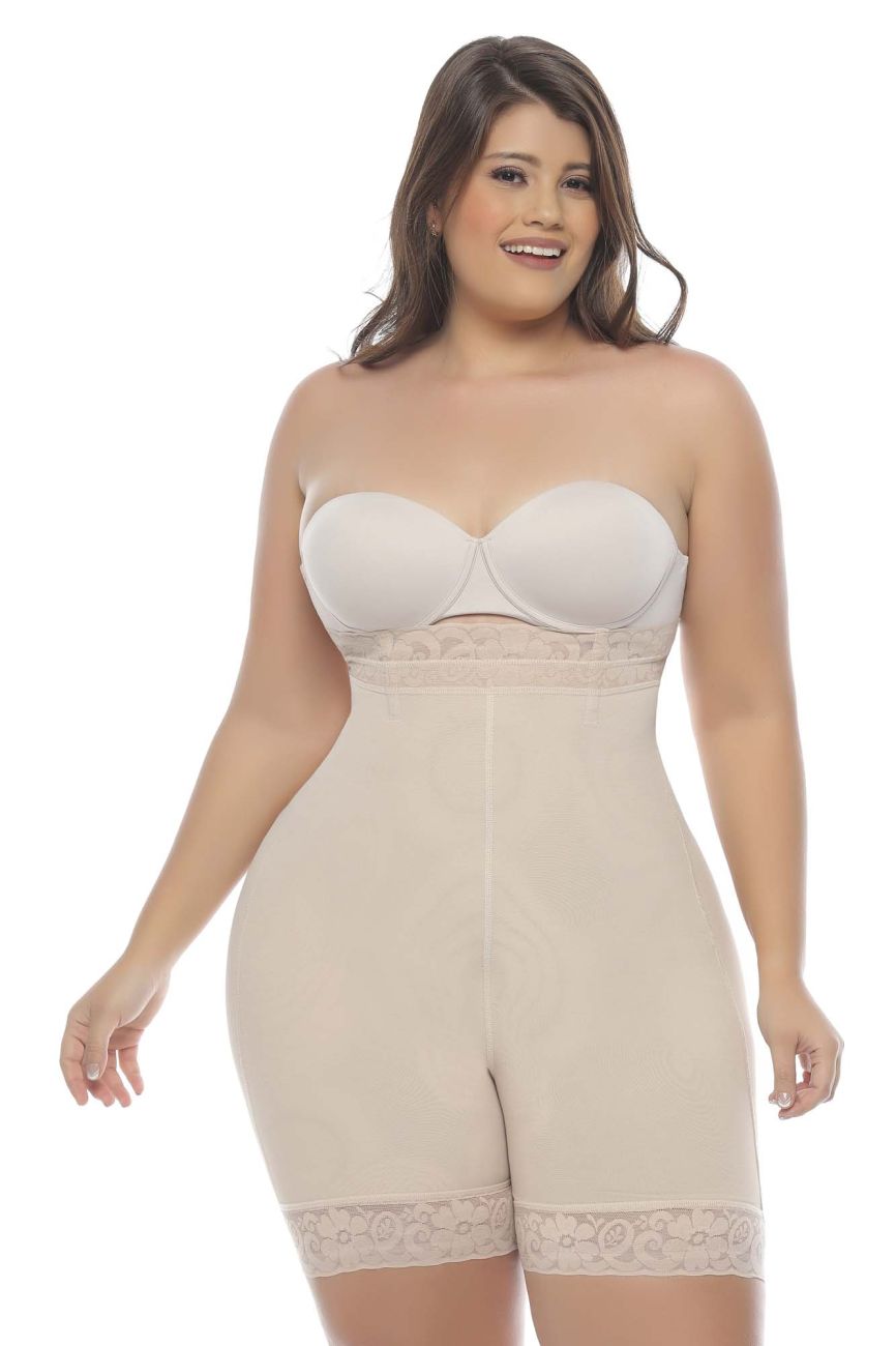 Front view of a plus-size model wearing the nude 365me G010 April shapewear control panties, showcasing a high-waist design and lace-trimmed thighs.