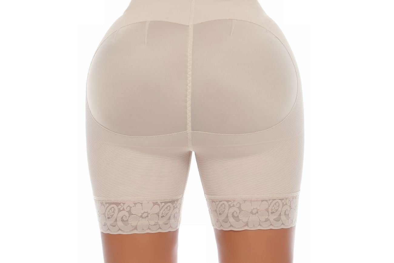 Back view of the nude G010 April shapewear control panties, focusing on butt-lifting seams and lace-trimmed leg openings.