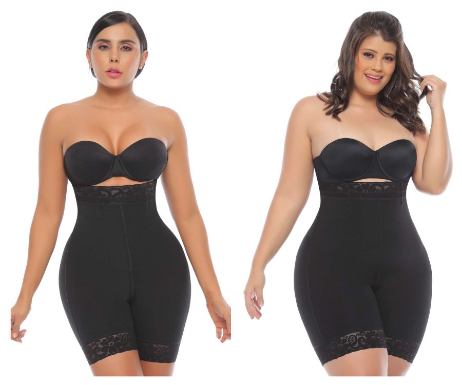 Two models standing side by side in black 365me G010 April shapewear control panties, each featuring a high waist and mid-thigh coverage.