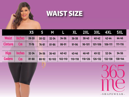 Size chart for the 365me G010 April shapewear control panties, displayed on a pink background with measurement guidelines.