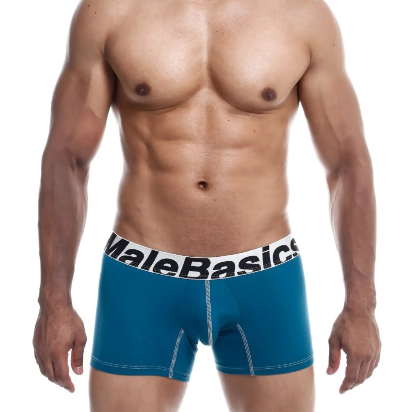 Men's performance microfiber boxer trunk in teal shown full-length on model, front view