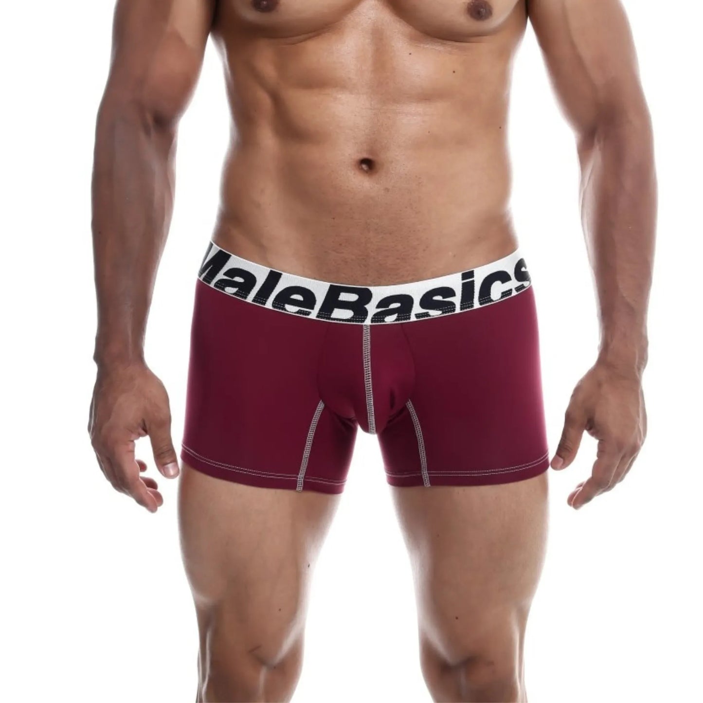 Men's performance microfiber boxer trunk in burgundy shown full-length on model, front view