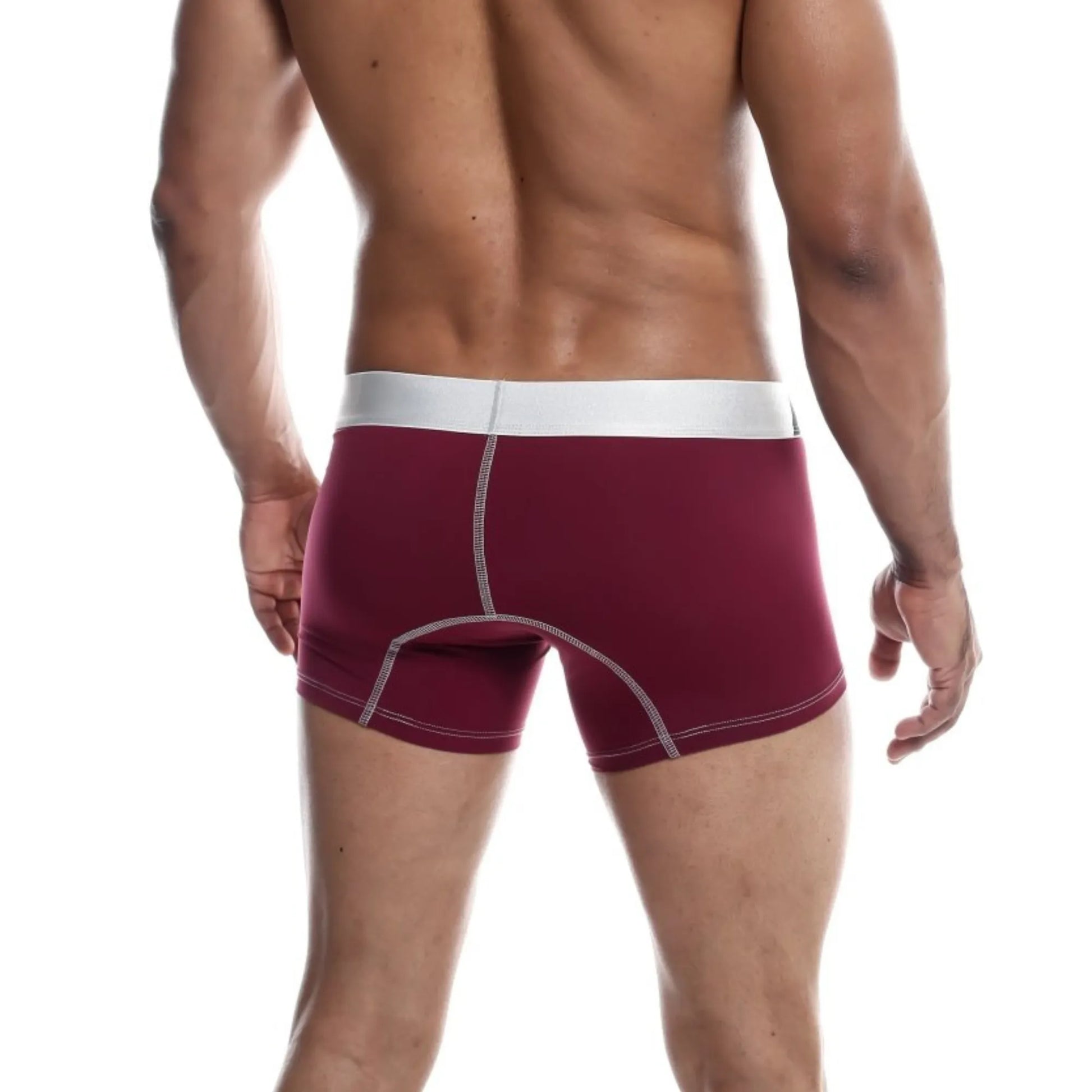 Men's performance microfiber boxer trunk in burgundy shown full-length on model, back view