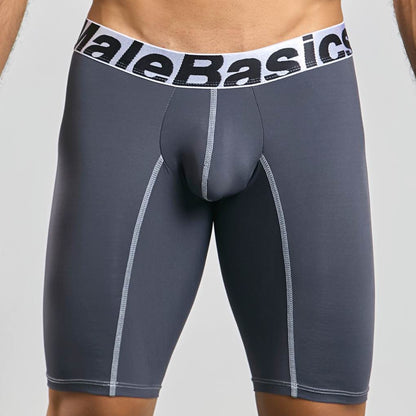 Men's active microfiber athletic boxer in grey, front view on model
