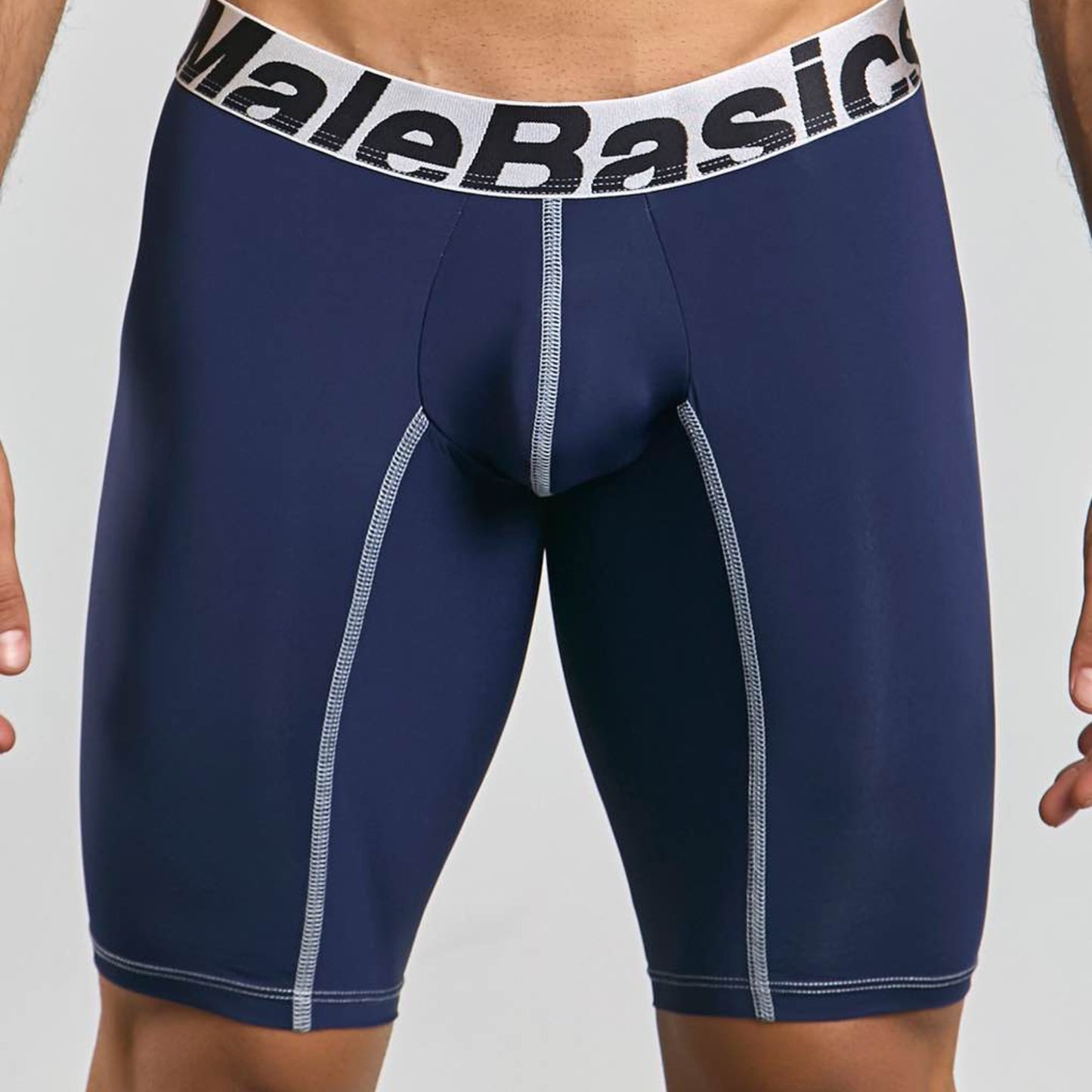 Men's active microfiber athletic boxer in navy, front view on model