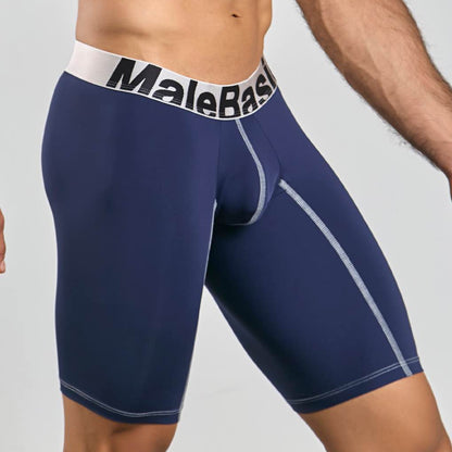 Men's active microfiber athletic boxer in navy, three-quarter side view