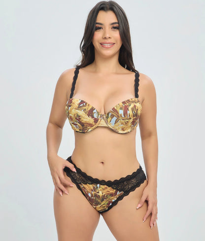 Wildernessdreams Padded Bra in Golden Marsh with a forest-inspired print and natural camouflage. Designed with padded cups, underwire support, and adjustable black straps for lift, comfort, and a sensual style with sophisticated details.