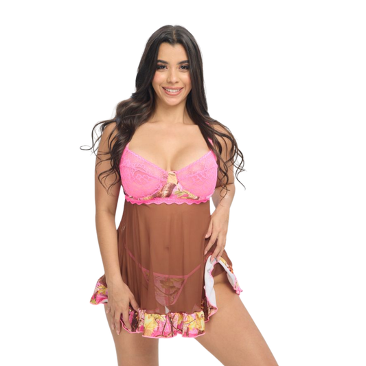 Women's Pink Camo Babydoll Lingerie Set - PinkWoods 2-Piece with Thong - Wilderness Dreams