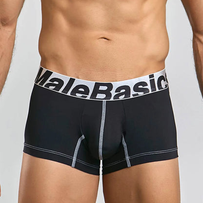 Men's performance microfiber boxer trunk in black, front view on model