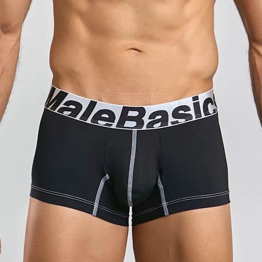 Men's performance microfiber boxer trunk in black, front view on model