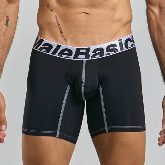 Men's mid-leg microfiber boxer brief in black, front view on model