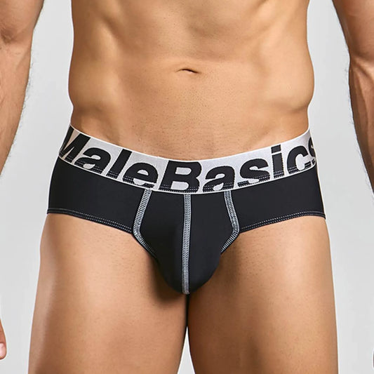 Men's stretch microfiber brief in black, front view on model