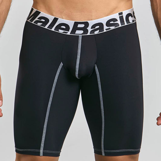 Men's active microfiber athletic boxer in black, front view on model
