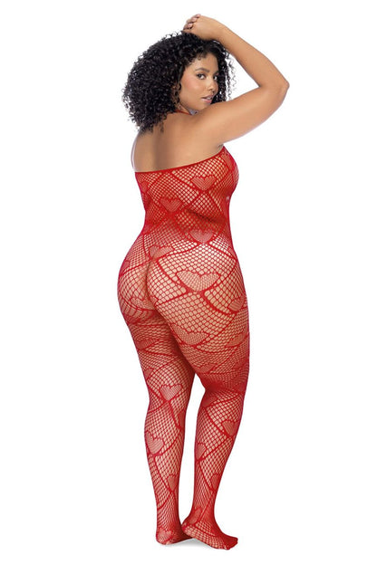 Mapale 1164X Heart Fishnet Bodystocking with Rhinestone Detail Color Red