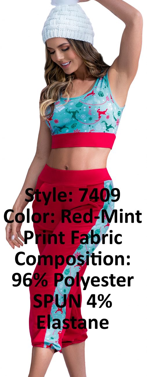 Mapale 7409 Two Piece Pajama Set. Top and Pants Color Red-Mint Print