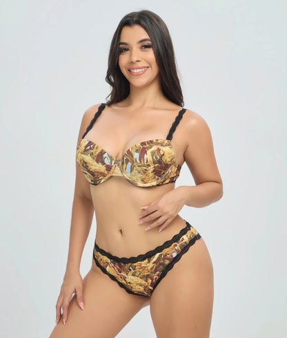 Wildernessdreams Padded Bra in Woodland with a forest-inspired print and natural camouflage. Designed with padded cups, underwire support, and adjustable black straps for lift, comfort, and a sensual style with sophisticated details.