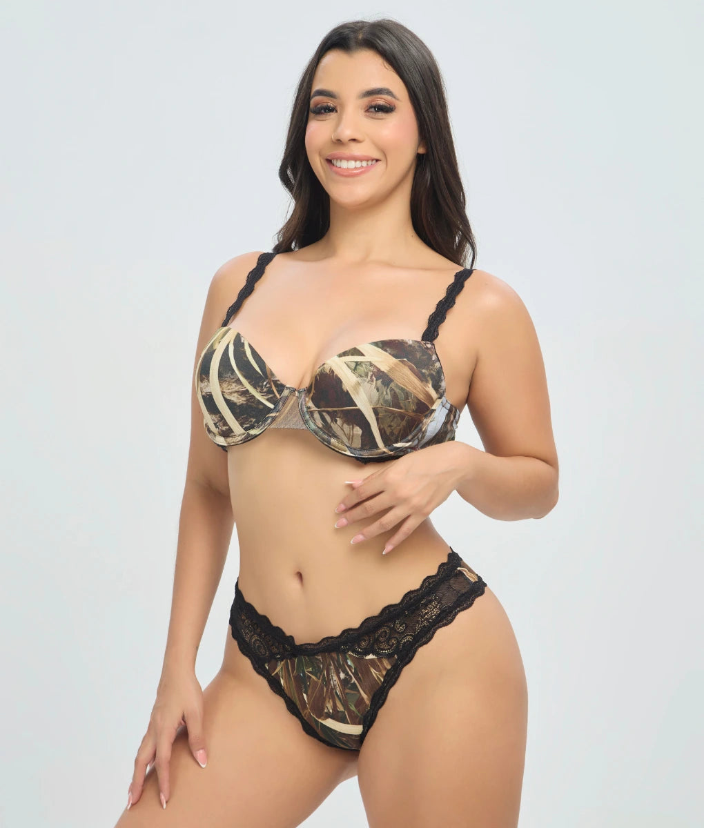 Wildernessdreams Padded Bra in Willow Creek with a forest-inspired print and natural camouflage. Designed with padded cups, underwire support, and adjustable black straps for lift, comfort, and a sensual style with sophisticated details.