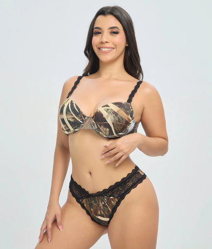 Wildernessdreams Padded Bra in Willow Creek with a forest-inspired print and natural camouflage. Designed with padded cups, underwire support, and adjustable black straps for lift, comfort, and a sensual style with sophisticated details.