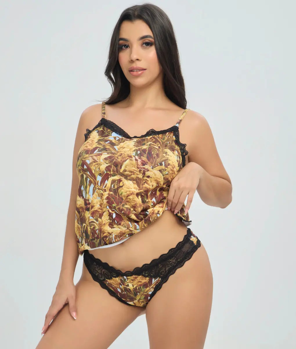 Panty Stretch Lace Thong Wilderness Dreams color Golden Marsh with nature-inspired print, delicate lace and lightweight silhouette for a comfortable fit.