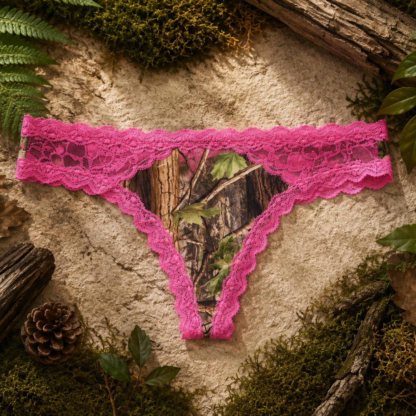 Women's Pink Camo Lace Thong - PinkWoods Hunting Underwear - Wilderness Dreams
