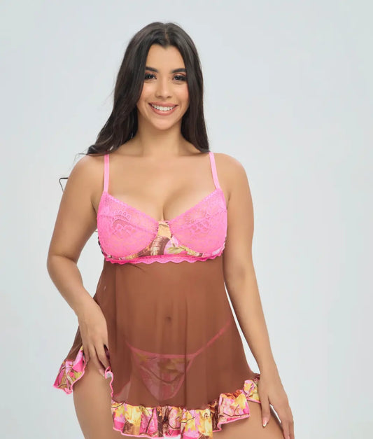 Wilderness Dreams stretch babydoll in MagentaWoods with semi-sheer mesh, black lace details, and a nature-inspired print. Lightweight, feminine, and comfortably fitted.