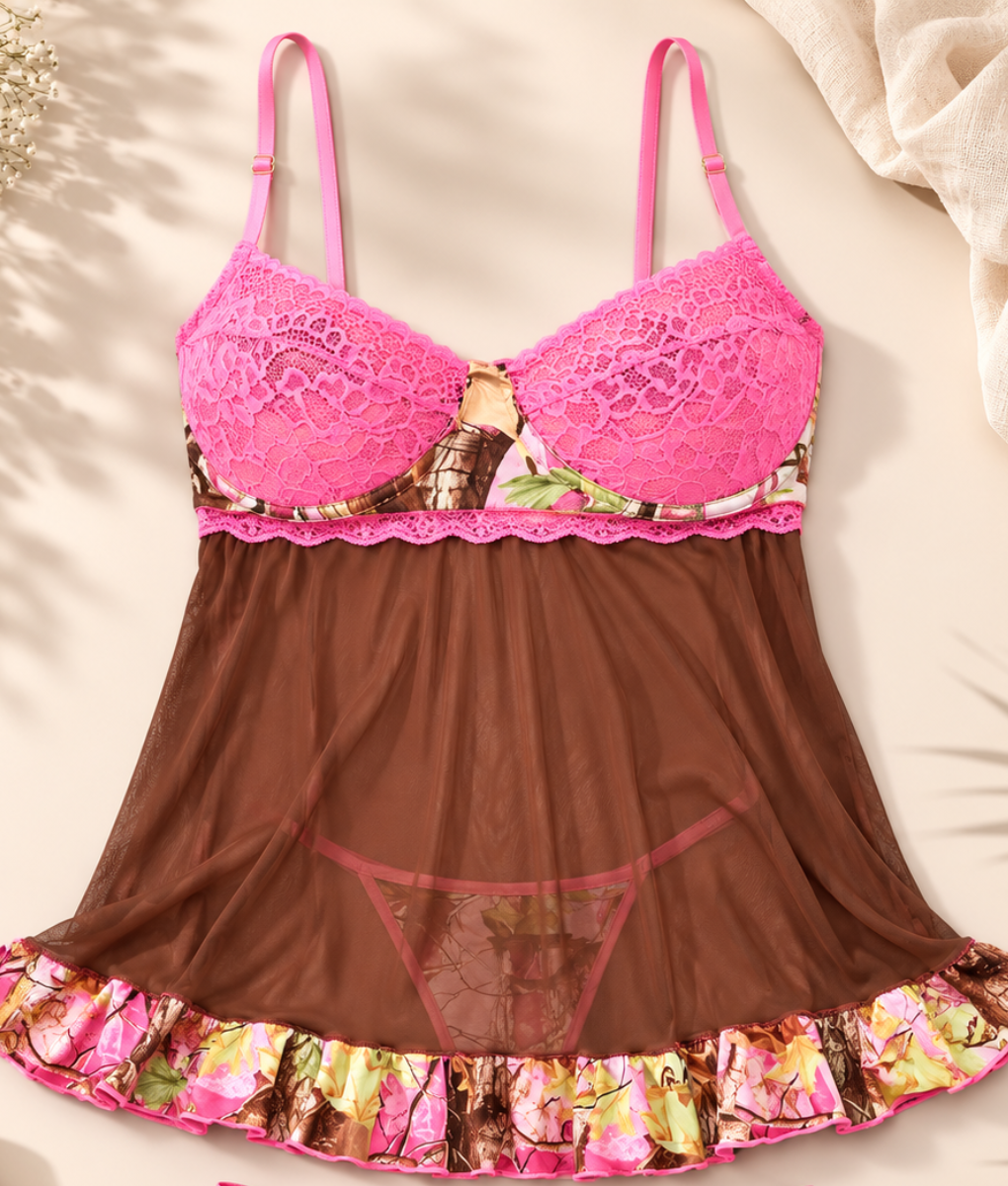 Women's Pink Camo 2 Piece Babydoll Lingerie - PinkWoods Hunting Nightwear, Thong Included - Wilderness Dreams